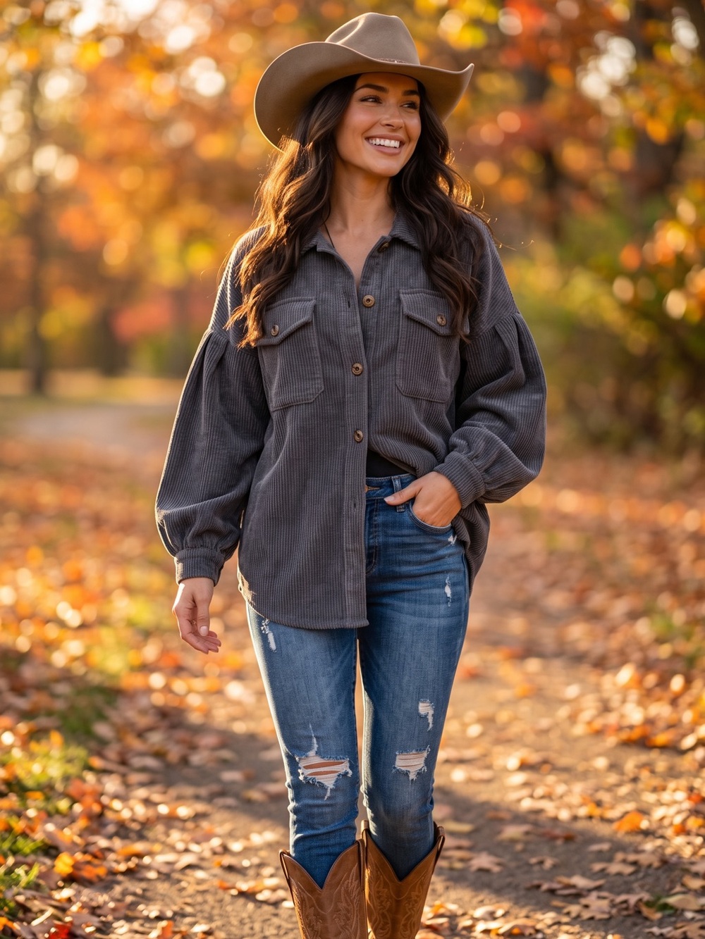 Women's Puff Sleeve Gray Corduroy Button-Up Shacket